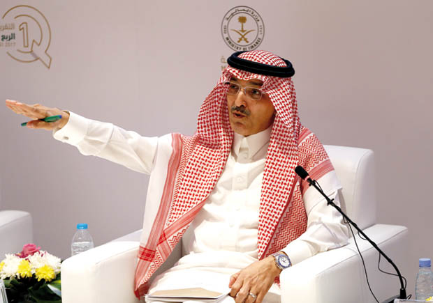 Mohammed Al Jadaan, Saudi Minister of Finance, gestures during a news conference announcing the first Quarter of Saudi budget, in Riyadh, Saudi Arabia, on Thursday (Reuters photo)